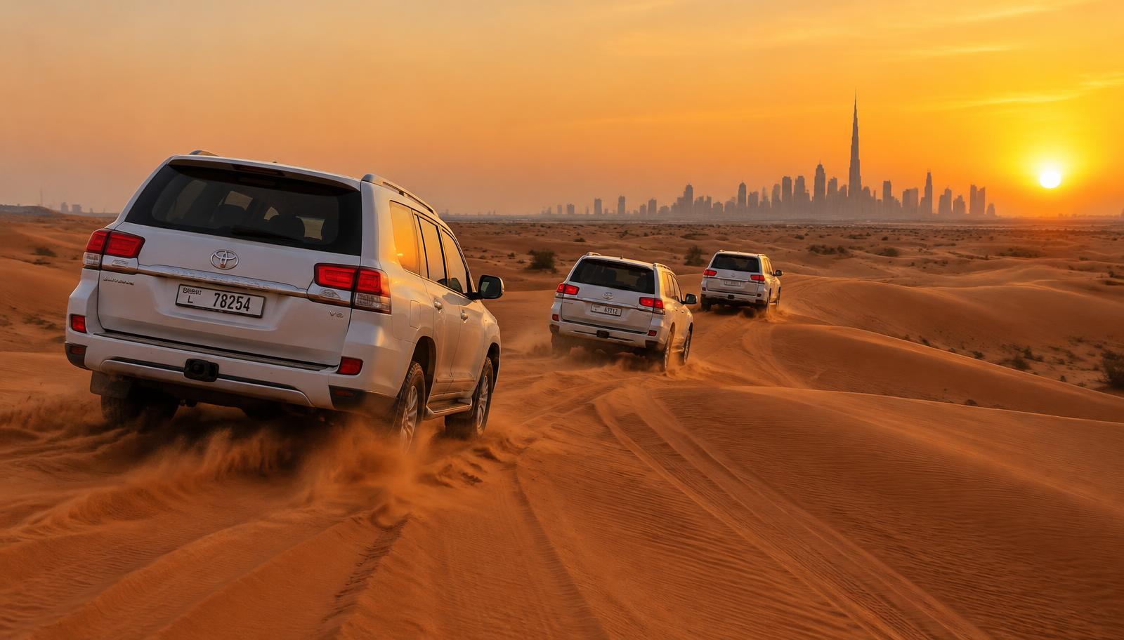 Veículos 4x4 nas dunas vermelhas ao pôr do sol, no deserto de Dubai