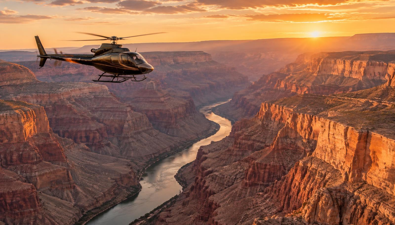 Passeio de helicóptero pelo Grand Canyon sobrevoando o cânion e o Rio Colorado ao pôr do sol
