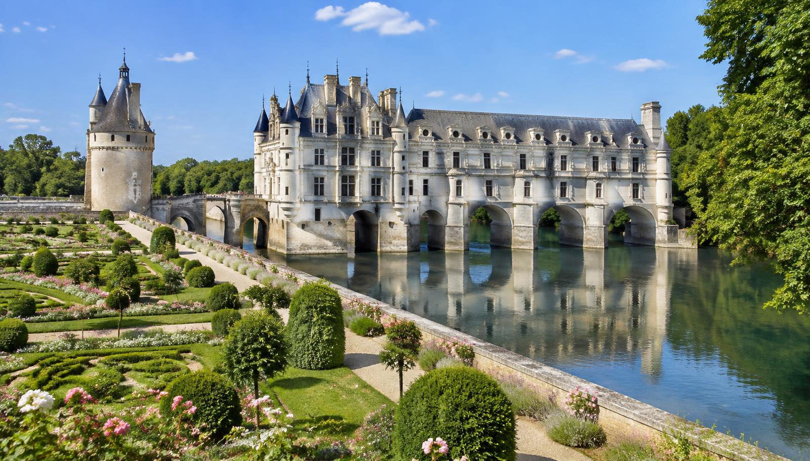 Castelo de Chenonceau sobre o rio Cher, no Vale do Loire