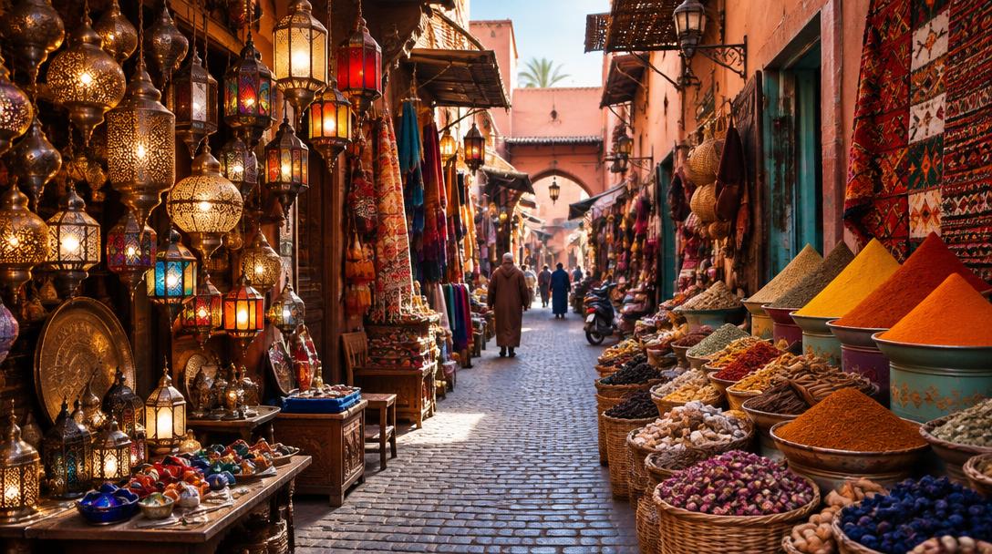 Lanternas e especiarias em um souk de Marrakech