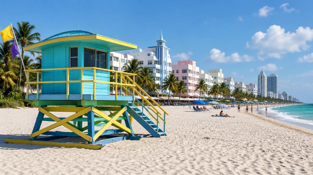 Posto de salva-vidas e hotéis Art Déco em South Beach, Miami