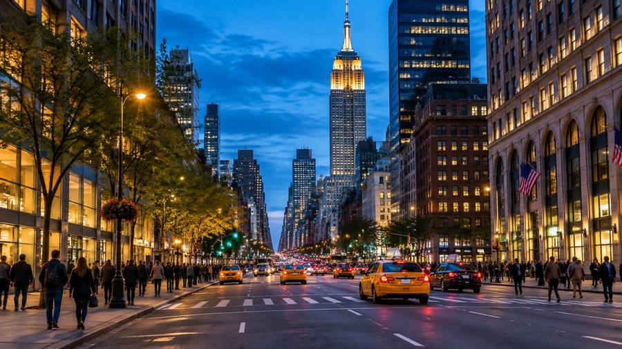 Avenida de Nova York e o Empire State Building na hora azul
