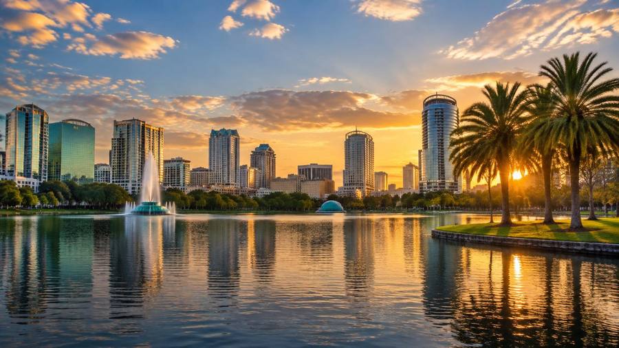 Horizonte de Orlando e Lago Eola ao pôr do sol