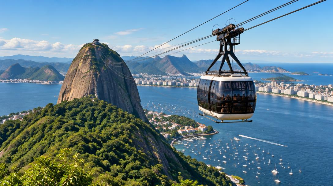 Bondinho do Pão de Açúcar sobre a Baía de Guanabara, no Rio de Janeiro